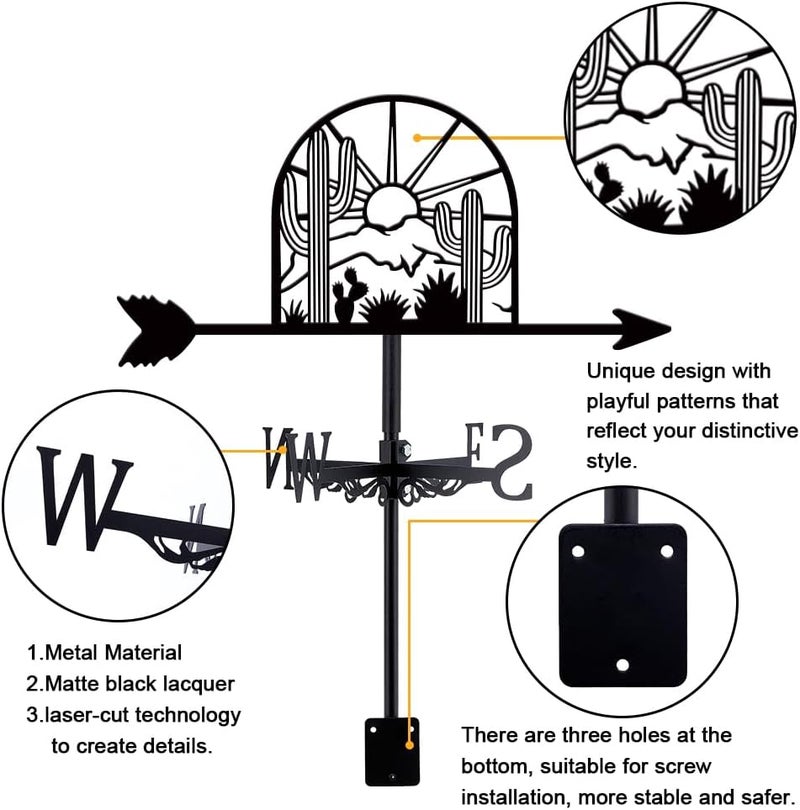 SUPERDANT Western Scene Weather Vane Sun Cactus Wind Vanes for Yard Metal Weathervane Roof Mount for Gardens Outside Black Weathervanes Farmhouse Farm Barn Sheds Patio Decorations - Image 3